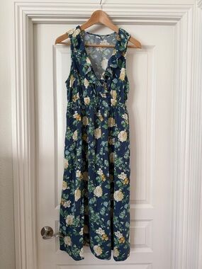 Maternity Sleeveless Navy Floral Maxi Dress with Ruffle V-Neck